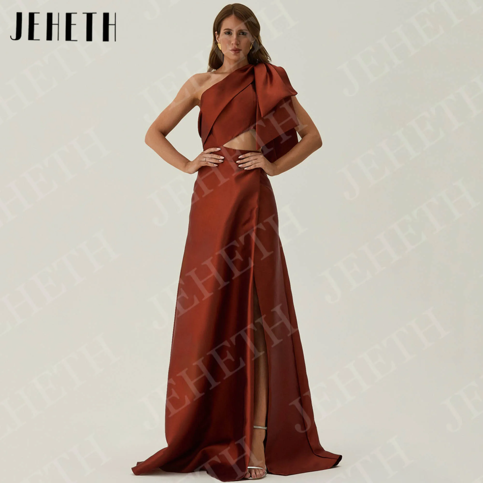 

JEHETH Customized Satin Evening Dresses Sleeveless Long Simple One Shoulder A Line Party Dress Formal High Slit robe de soiree