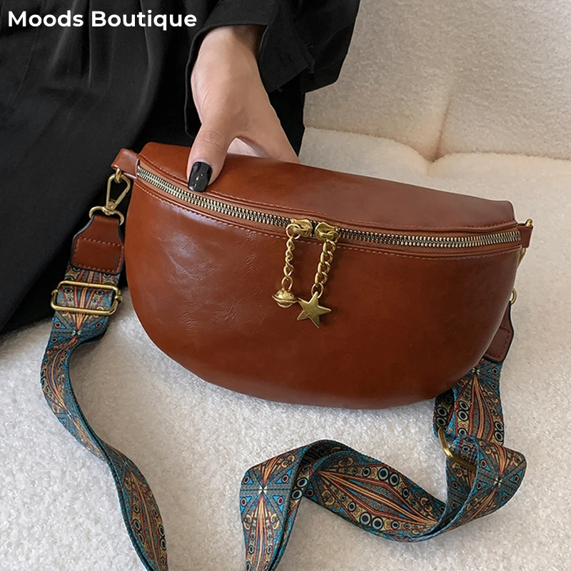 MOODS Retro Crossbody Bags For Women Waxed PU Leather Chest Shoulder Bag Pure Color Funny Pack 2023 Luxury Branded Waist Bum Bag