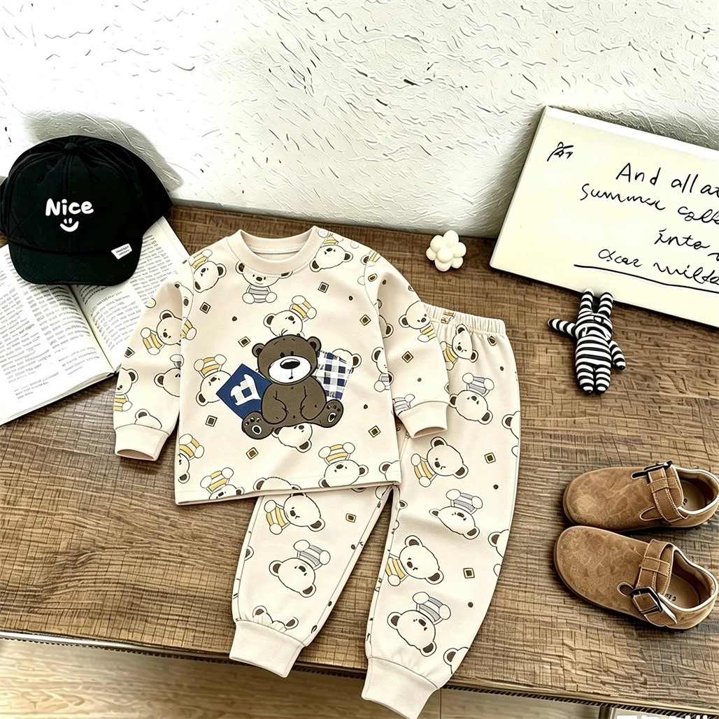 Tenues de dessin animé pour garçons et filles, pyjamas amples décontractés, pulls entièrement imprimés, pantalons de pyjama, vêtements de maison pour bébés, ensemble deux pièces