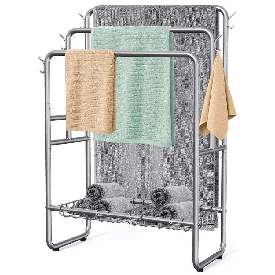 

40 Tall Standing Towel Rack for Extra Large Towel, 3 Tier Floor Towel Stand with Storage Basket amp Hook, Freestanding Blanket L