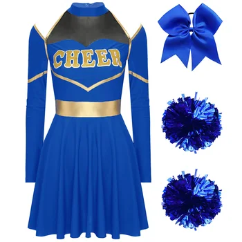 Costume da cheerleader da donna per spettacoli teatrali, ragazze della scuola, vestito da allegria, fascia per capelli con fiocco e 2 pezzi di palline di fiori