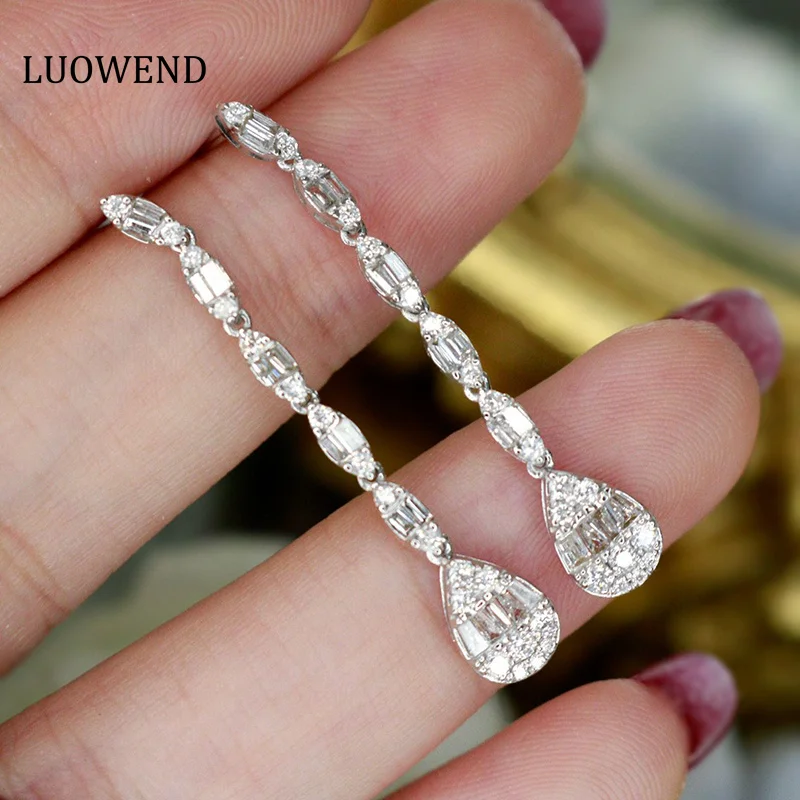 

LUOWEND 100% 18K White Gold Earrings Fashion Simple Style 0.80carat Real Natural Diamond Drop Earrings for Women Fine Jewelry