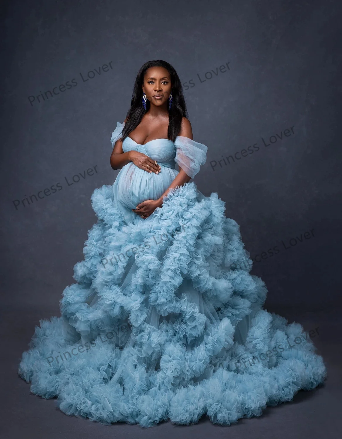 Dusty Blue Maternity Dresses for Photography Elegant Ruffled Tulle Photoshoot Dress Women Sweetheart Maxi Gown Customized