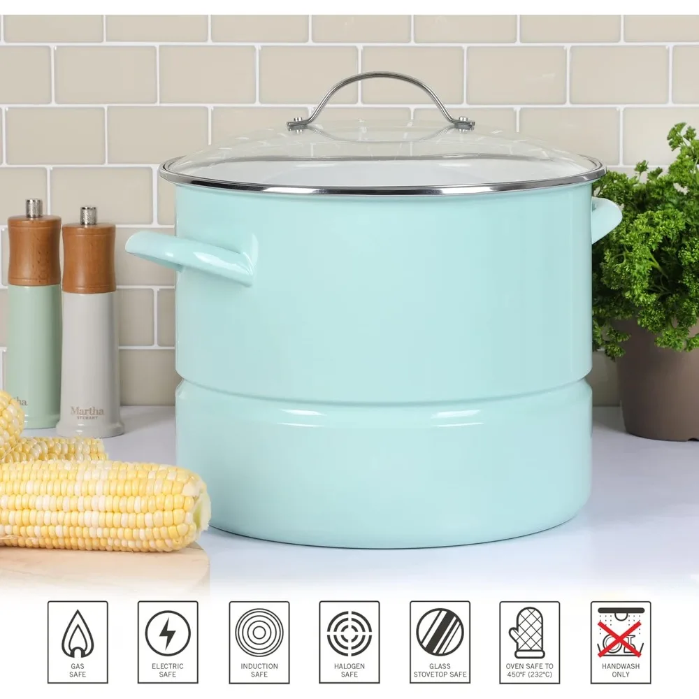 

Original Thayer 16-Quart Enamel On Steel Scratch Resistant Steamer Stock Pot w/Stainless Steel Insert - Martha Blue