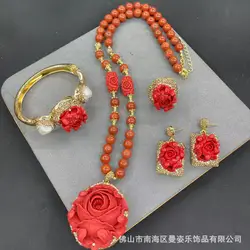 New peony shell powder pressed cinnabar luxury four-piece set new Chinese niche original design jewelry hot-selling models