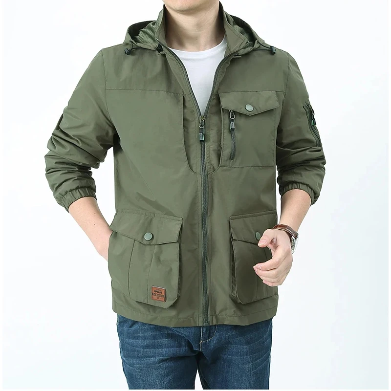 

Autumn Hooded Jacket Men Solid Color Multi-pocket Waterproof Quick Drying Military Green Cargo Jackets Chaquetas Plus Size M-8XL