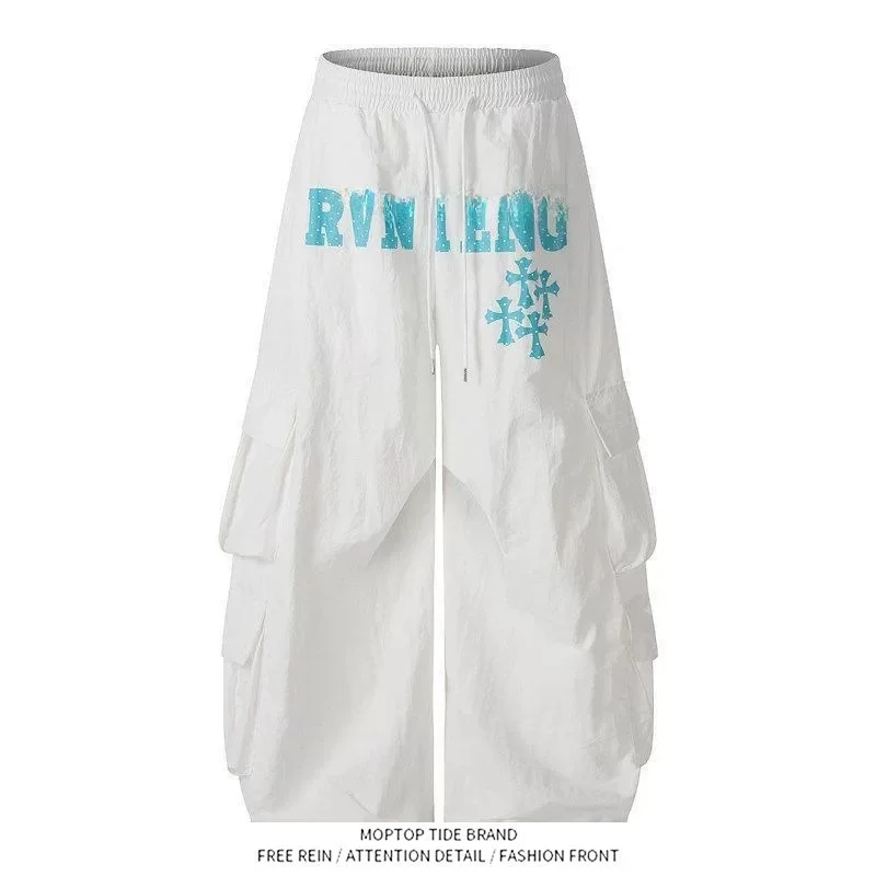Mr. WH American Style Hot Girl Hip Hop Workwear Multi-Pocket White Quick Dry Wide Leg Pants Drapey Loose Paratrooper Pants