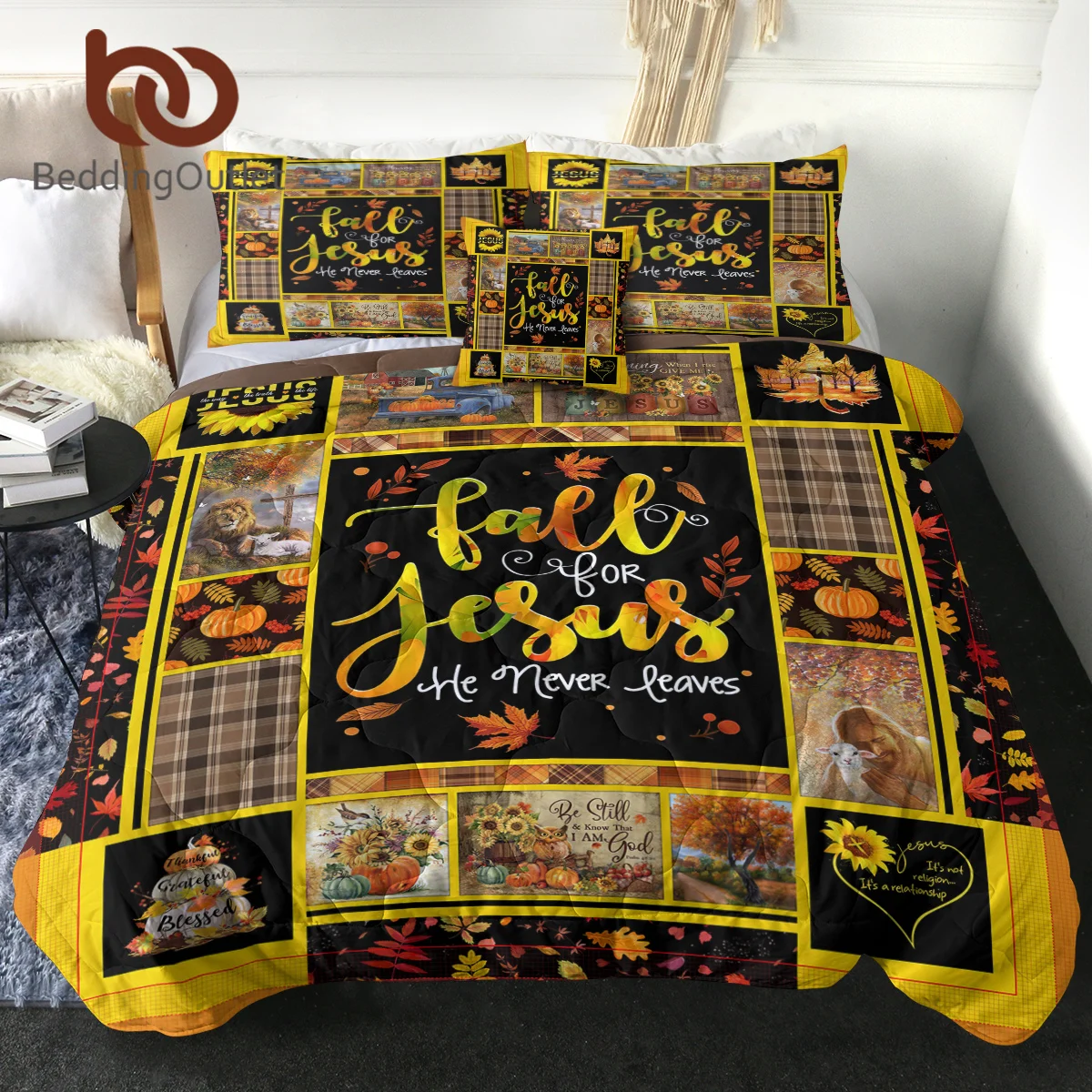 

BeddingOutlet Maple Yellow Leaf Pumpkin Cart Comforter Set Happy Halloween Decor Quilt With Pilow Shams And Cushion Cover 4PCS