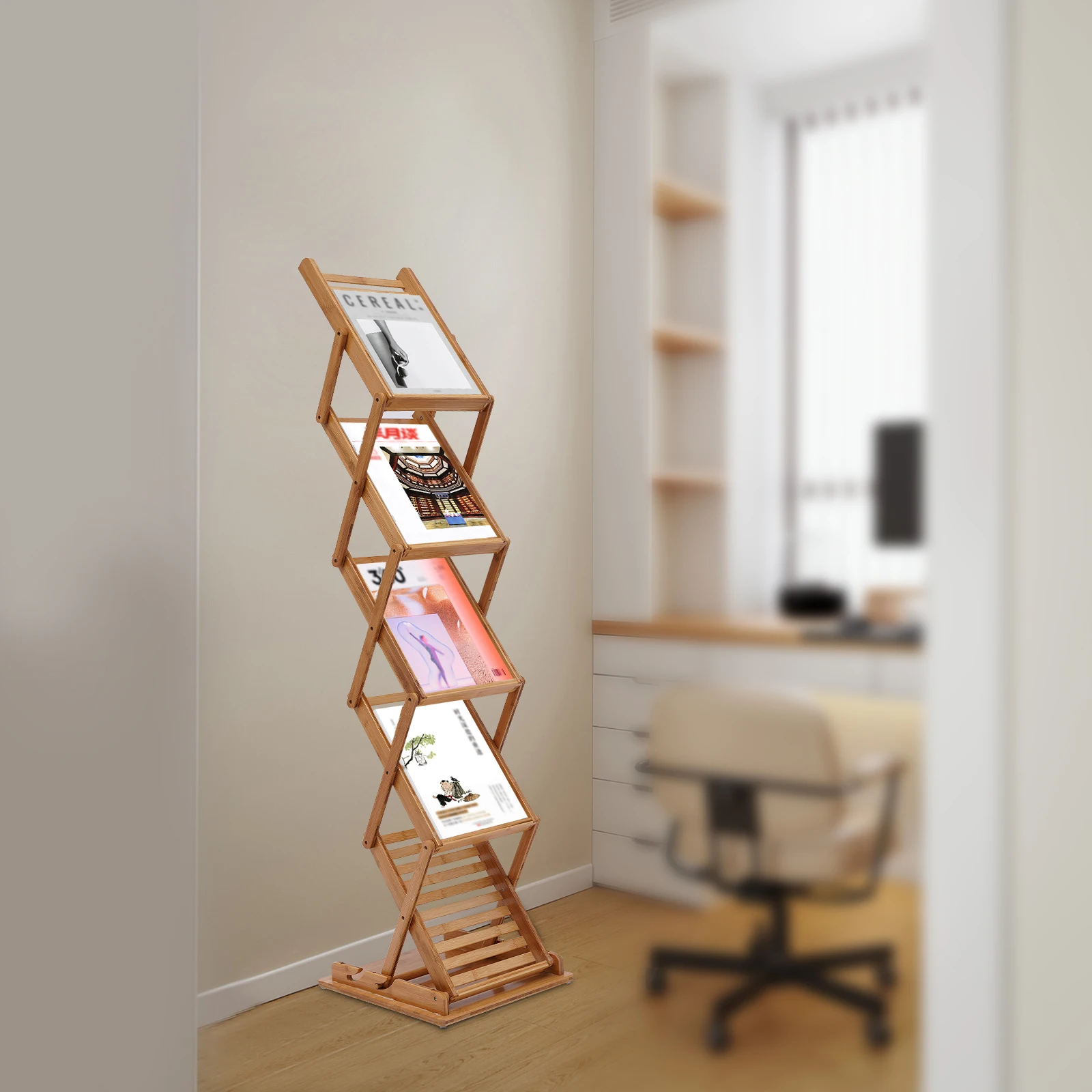 رف أدب من 5 طبقات قابل للطي مكون من 5 جيوب من الخيزران، محمول، هدية عيد الميلاد والمنزل الجديد