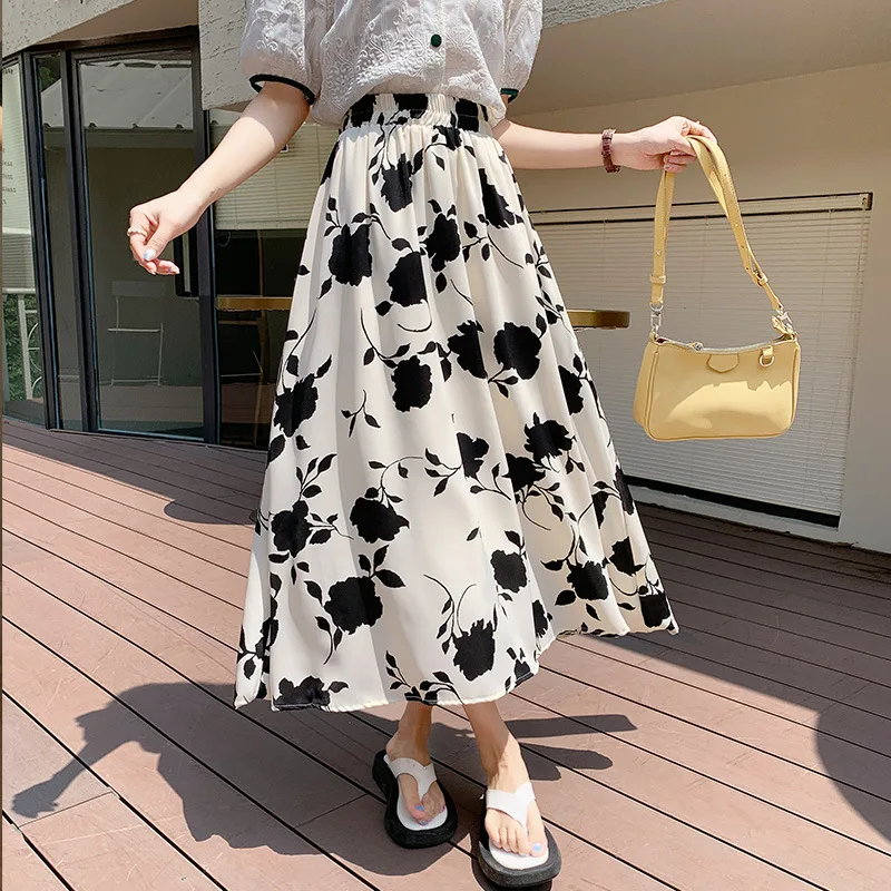 VOLALO Vintage Printed Long Skirt Women Summer Elastic High Wiast Mid-Calf Skirts Female Casual All-Match A-Line Pleated Skirt