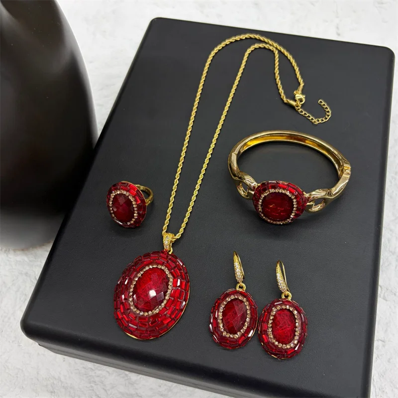 Statement Multi Color Crystal Long Chain Collar Necklace Earrings Bracelet Ring for Women Bangle Vintage Jewelry Christmas Gifts