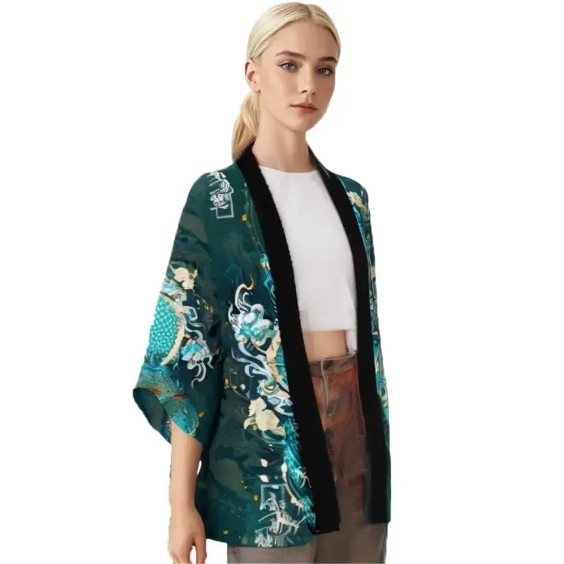 Kimono de samouraï traditionnel japonais pour hommes et femmes, Cardigan ample vert imprimé Dragon Anime, manches 3/4, chemise Harajuku Haori Coaplay