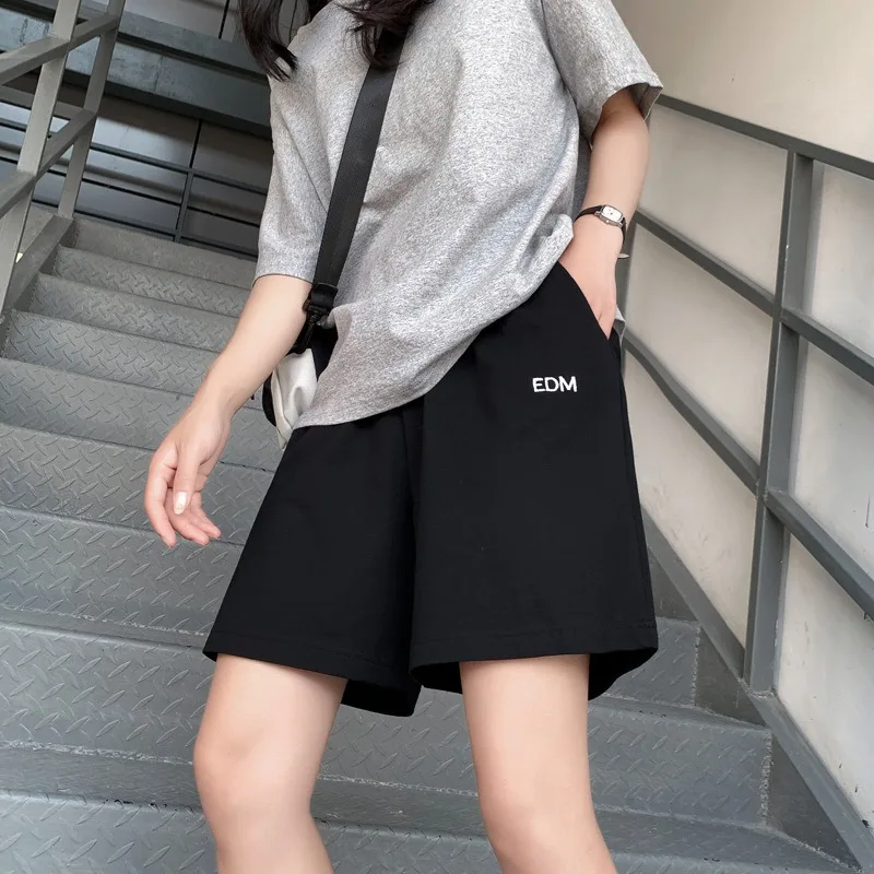 Solid Shorts Women Unisex Couples Summer Students Simple All-match Baggy Straight Elastic Waist Retro Korean Fashion Stylish