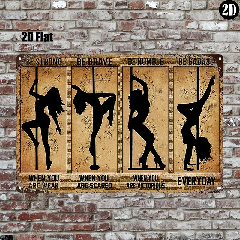 Plaque murale rectangulaire vintage en métal avec silhouette de pole dance et texte motivant pour bar, studio de danse, club