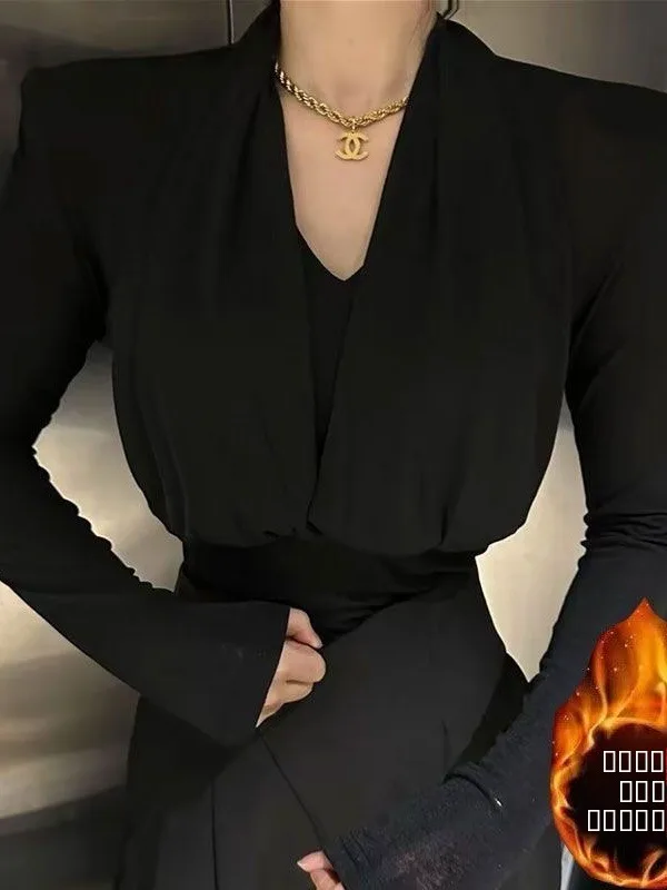 

Thiened Fce Warm Ne Hanging Design V-ne Long Sve Women's Base irt Autumn Winter Slim Fit Faionable T-irt