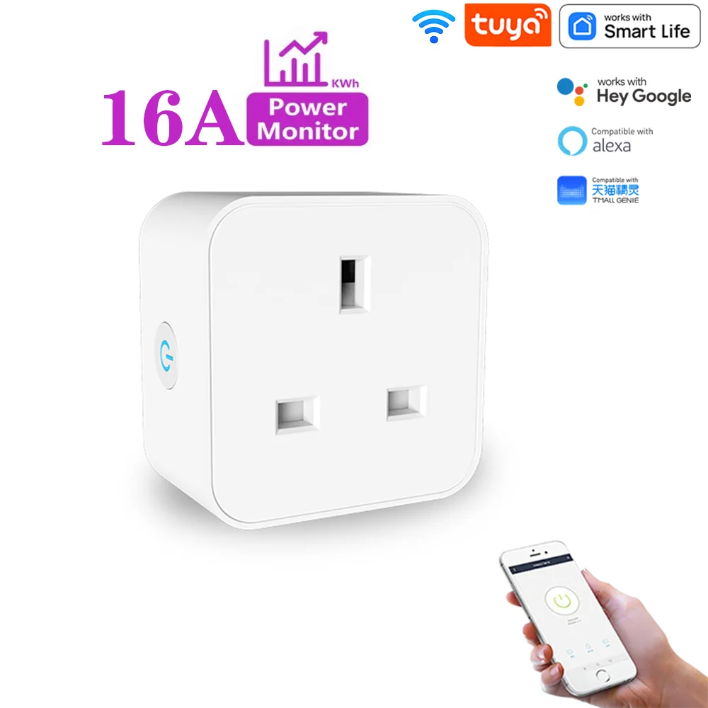 16A Tuya Smart Wifi Plug UK Wireless Control Socket Outlet with Energy Monitering Timer Function Works with Alexa Google Home