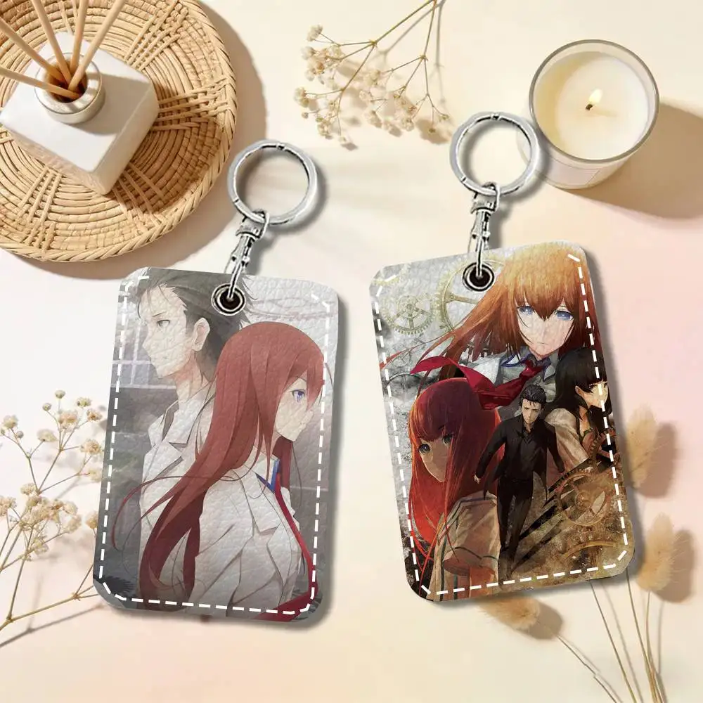 Steins Gate Card Case Keychain Access Card Bag Key Tag Ring Leather Card Holder Key Ring Access