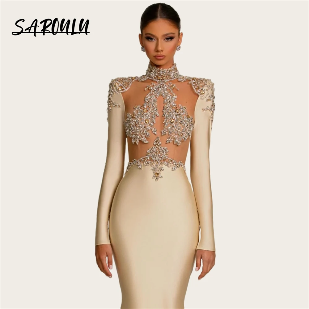 Elegant Champagne Sheath Long Evening Dress Full Sleeves Illusion Beaded Crystal Custom Made Prom Gown Women Party Formal Dress