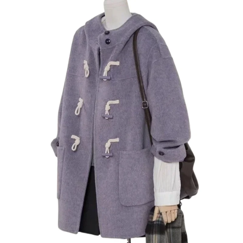 High-end Autumn and Winter Fashionable New Long Korean-style Women's Beautiful Coat Cashmere Horn Hooded Double-sided Wool Coat