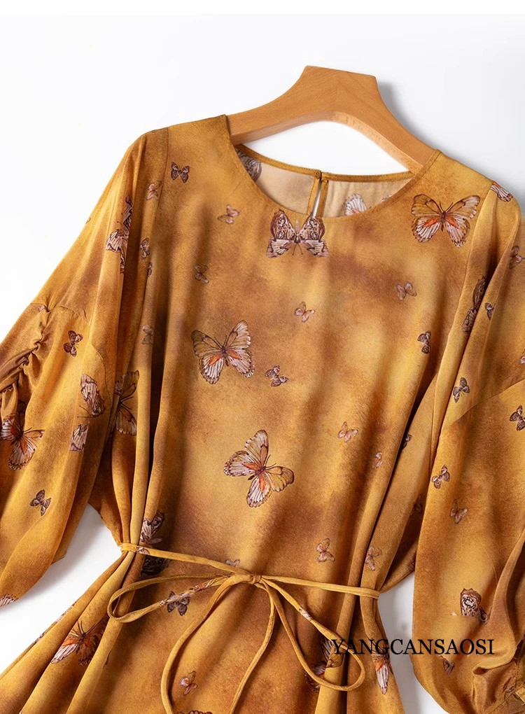 Yellow Grass Dyed Romantic French 100%Natural Mulberry Silk Crepe De Chine Lantern Sleeves Ruffle Edge Large Swing Women's Dress