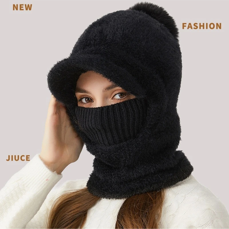 Women\'s Winter Outdoor Thickened Mink Hat Scarf Mask One-piece Knitted Hat Casual Cold Woolen Hat Warm Soft