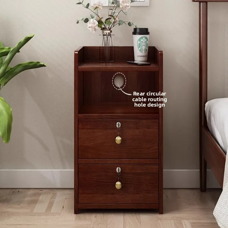 Solid Wood Locking Nightstand, Compact Slim Bedside Cabinet, Modern Minimalist Storage Organizer, Narrow Gap Bedroom Furniture