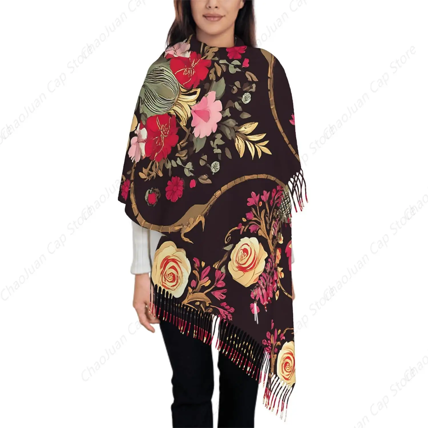 

Шарф большого размера для женщин в русском стиле с цветами в рамке, шарф с мандалой и кисточками, осенне-зимняя шаль, накидки