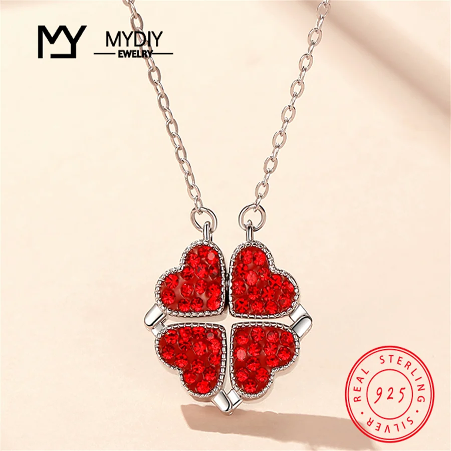 925 Silver Four Magnet Heart Necklace Ladies Pendant Shiny Zircon Necklace Mother's Day Gift Four Heart Clover Necklace 2022 New