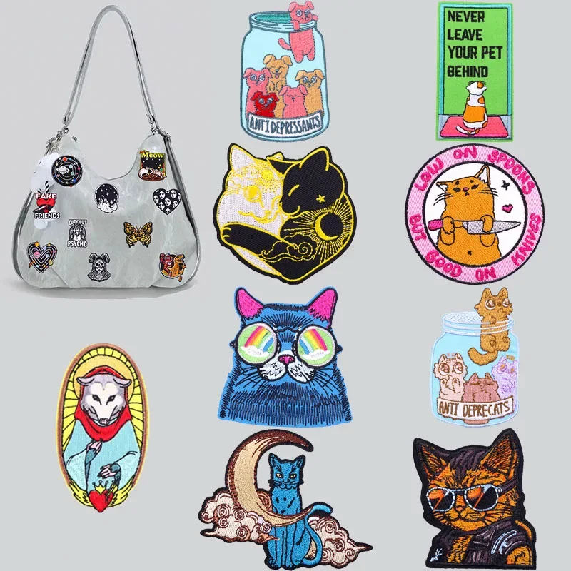 Iron On Patches for Clothes Black Cat Clothing Stickers Fabric Sewing Embroidered Patch Thermal Adhesive Applique Fusible Badges