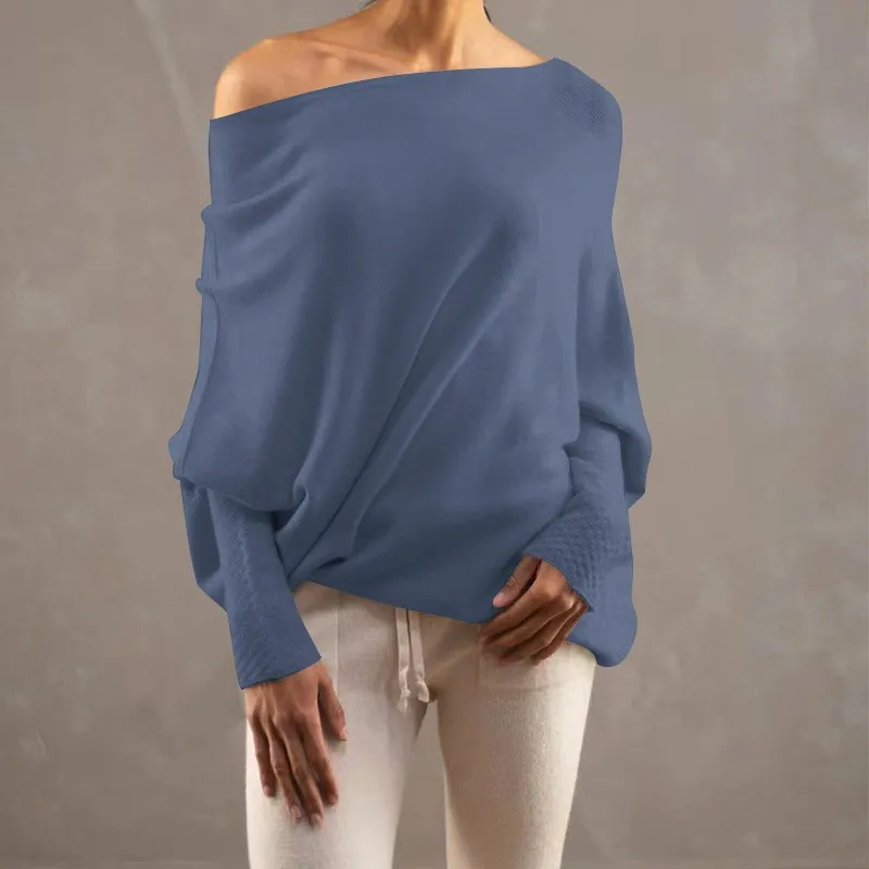 Plus Size Women Solid Color Off Shoulder Pullover Knit Loose Batwing Sleeve Sweater Tunic Tops