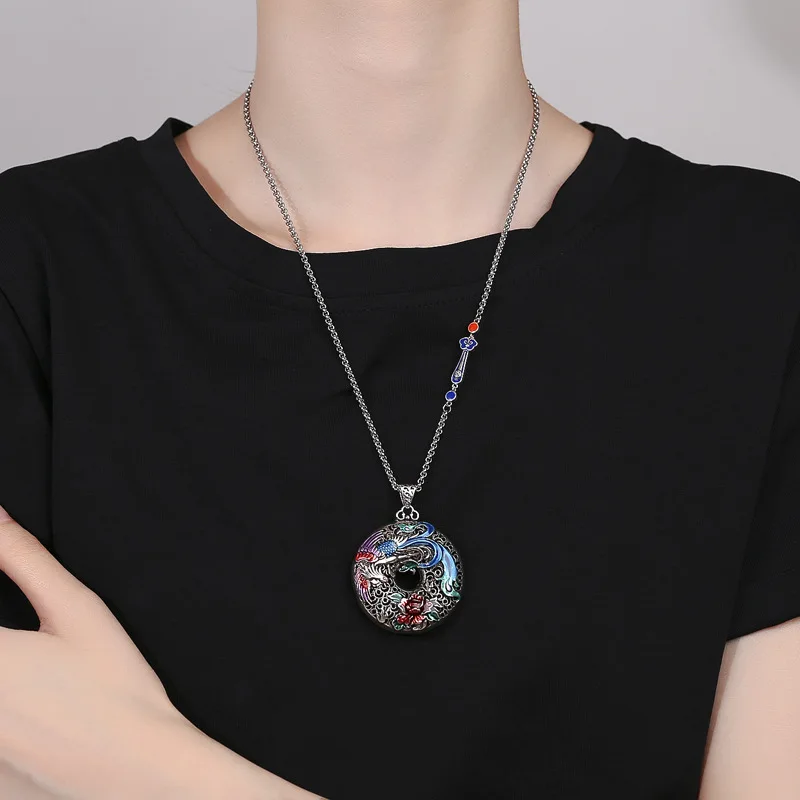 Phoenix Ruyi Peony pendant necklace for women, retro enamel cloisonn é style, versatile sweater chain style.