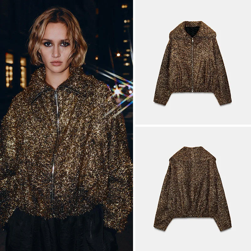 Fashionable Metal Color Pilot Jacket Women's Casual Style Long Sleeve Zipper Closure Outerwear New Arrival Winter Collection