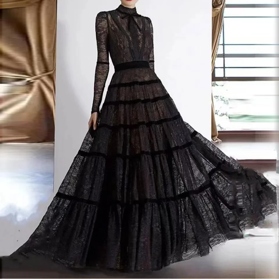 Vestido de noche negro elegante, corte en A, encaje de Dubái, vestidos de novia escalonados para mujer, vestidos de fiesta formales personalizados