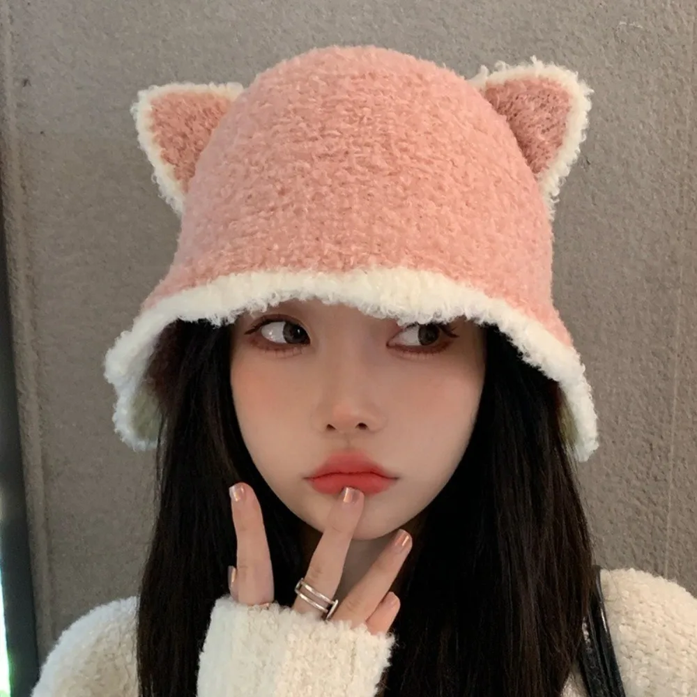 

Fashion Cat Ears Knitted Hats Keep Warm Windproof Fisherman Hat Soft Plush Women's Hat Autumn