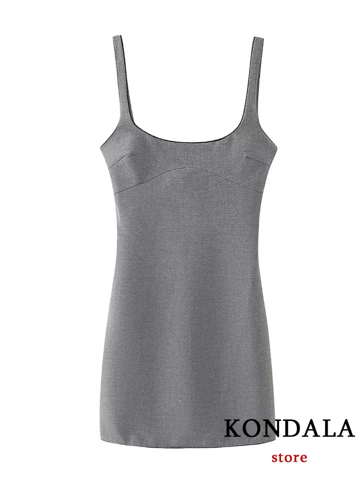 KONDALA Vintage Chic Gray Women Dress Solid Spaghetti Strap Square Collar Short Sheath Vestidos New Fashion 2024 Slim Dress