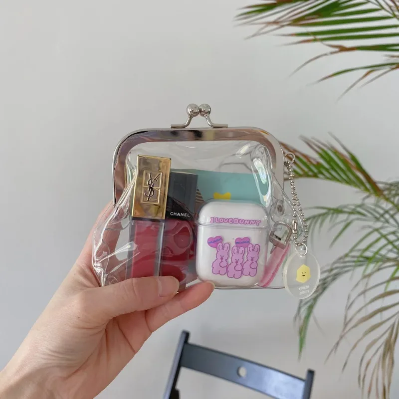 Ins Transparent Simple PVC Coin Purse Wallet With Pendant Vintage Iron Clip Small Item Storage Bag Girls Cosmetics Lipstick Bag