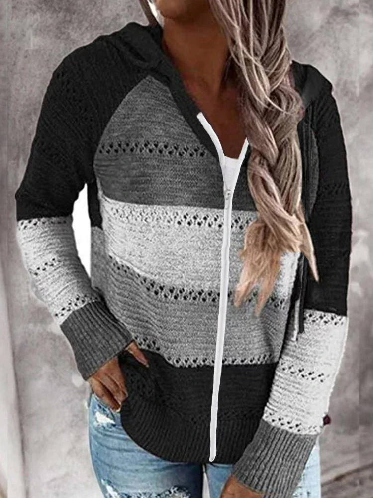 Women Patchwork Hooded Sweater Casual Long Sleeve Knitted Sweater Top Striped Elegant Pullover Jumpers Autumn Winter Plus Size