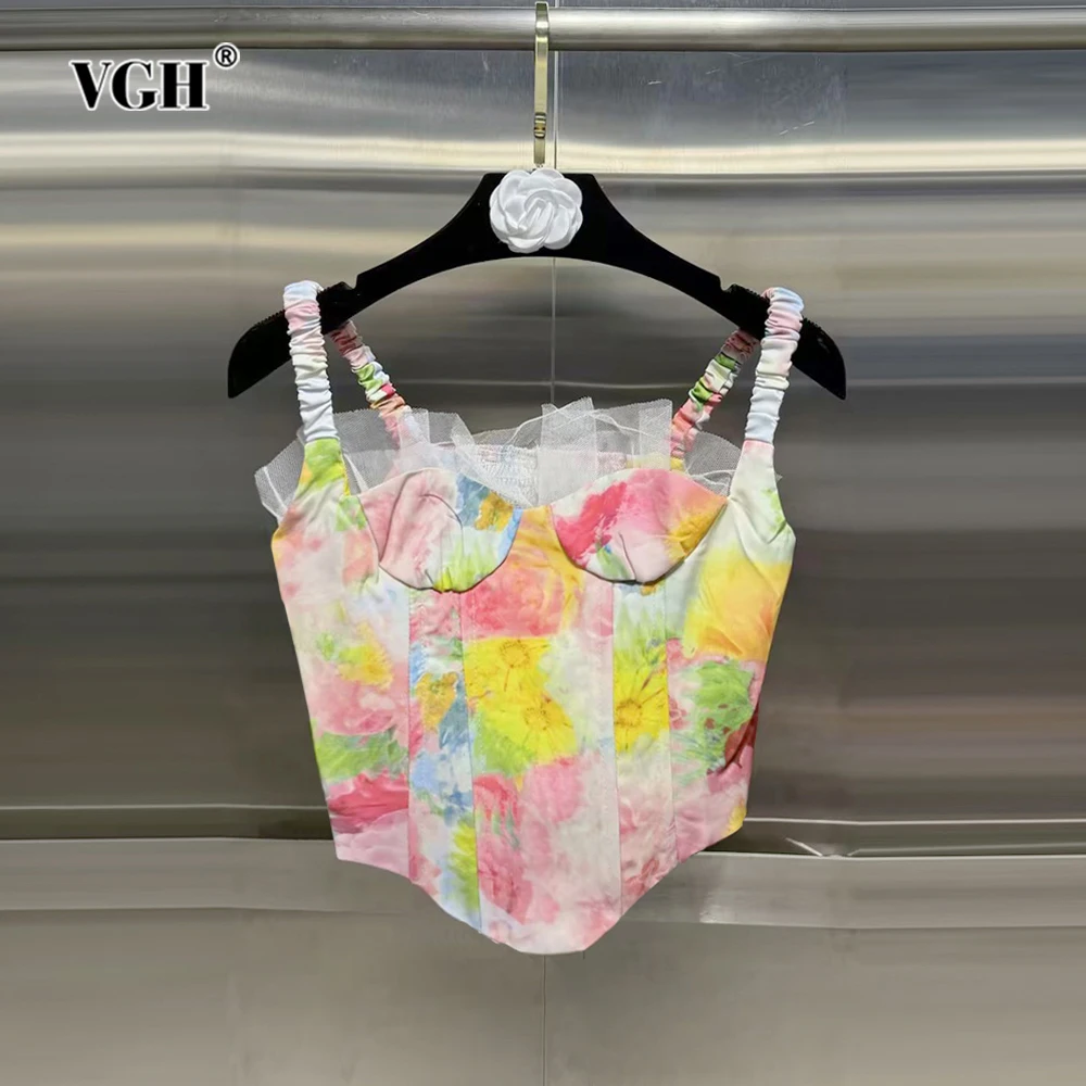 VGH Hit Color Printing Sexy Tank Tops For Women Square Collae Sleeveless Backless Patchwork Mesh Slimming Vests Female Style New