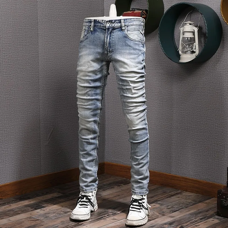 Fashion Vintage Men Jeans High Quality Plain Washed Retro Light Blue Elastic Slim Ripped Jeans Men Designer Denim Pants Hombre