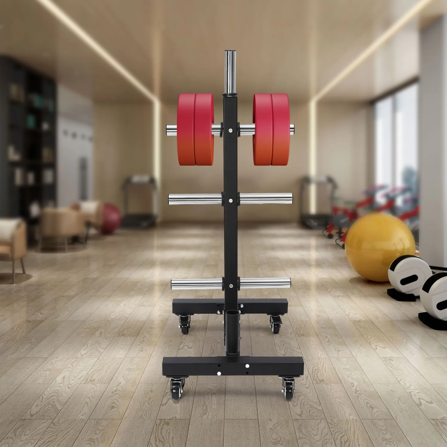 Vertical Bar Holder for Home Gym, Plate Tree and Bar Holder, Bumper Plate Storage, Weight Plate Holder with Wheels