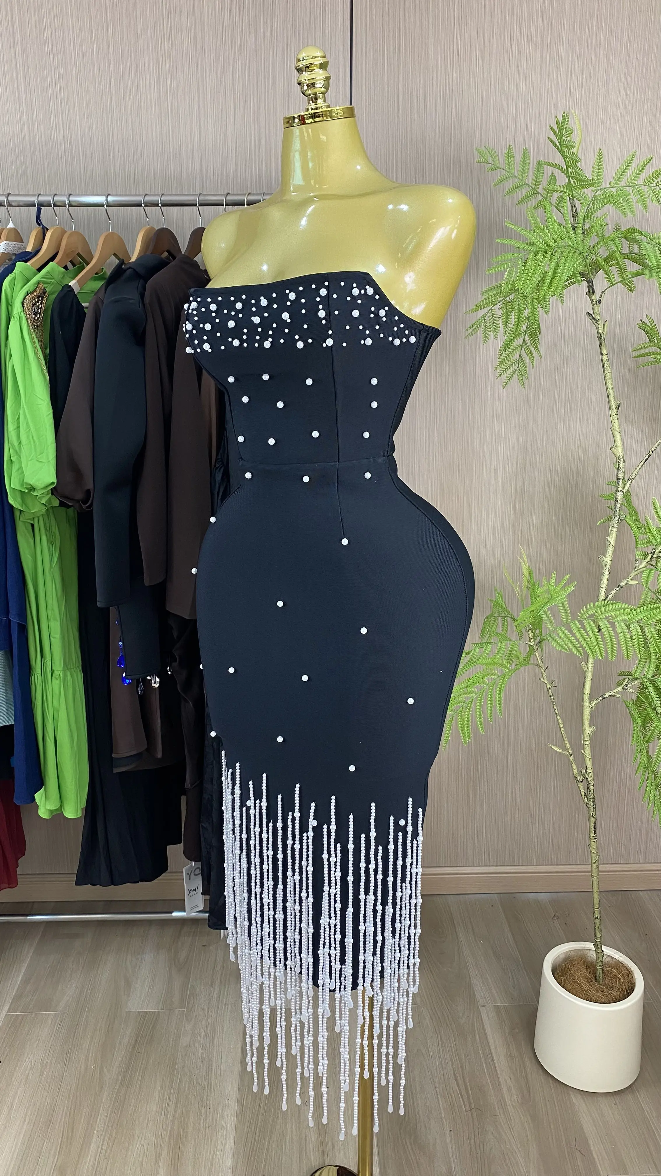 2026 Women's Strapless Backless Lace Pearl Beaded Black Fitted Midi Dress-GZXX819