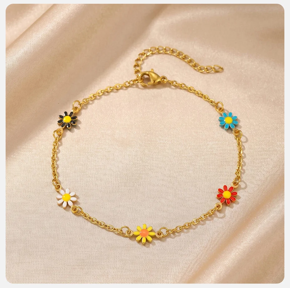 Vnox Edelstahl Buntes Gänseblümchen-Fußkettchen für Damen, Goldfarben Emaillierte Blumen-Fußkette Wasserfester Strandschmuck – Detail 5