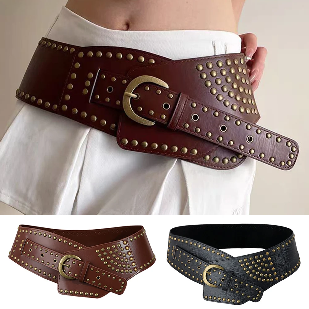 Faux Leather Wide Waist Belt Metal Rivet Studded Waistband Hollow Out Corset Belt Irregular Cummerbunds Women Waist Seal