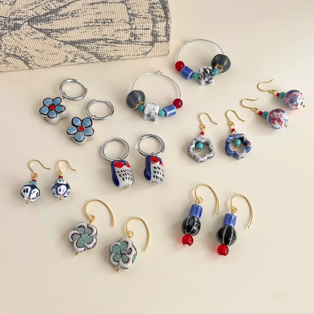 Blue and White Porcelain Series New Chinese Retro Geometric Drop Earrings For Women Party Niche Design Elegant Fashion Jewelry
