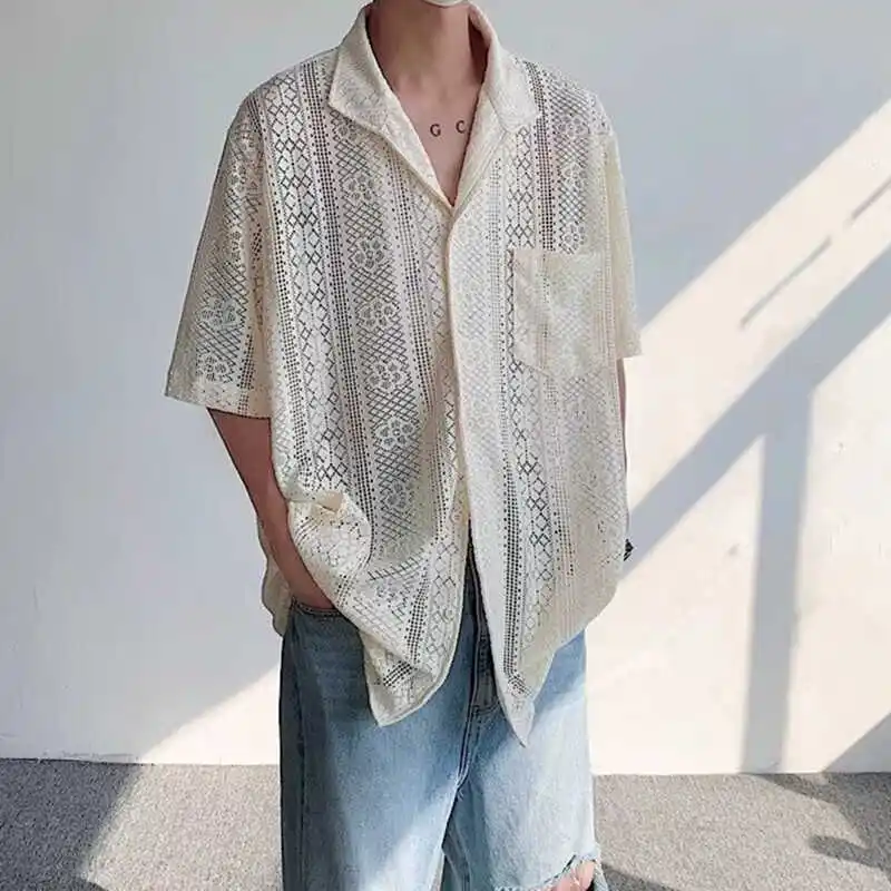 

American Retro Breathable Hollow Lace Cuban Collar Men's Summer Thin Casual ex Sunscreen ort Sve irt