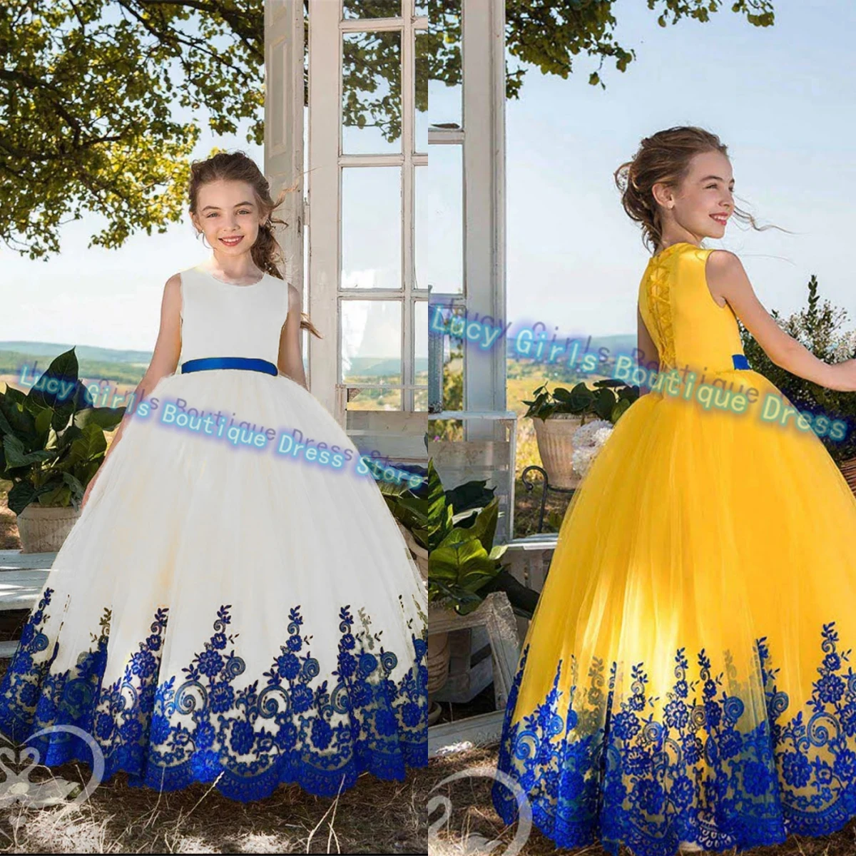 White Elegant Flower Girl Dress Sleeveless Tulle With Blue Applique For Wedding Ball Kids Birthday Party Evening Gowns Customise