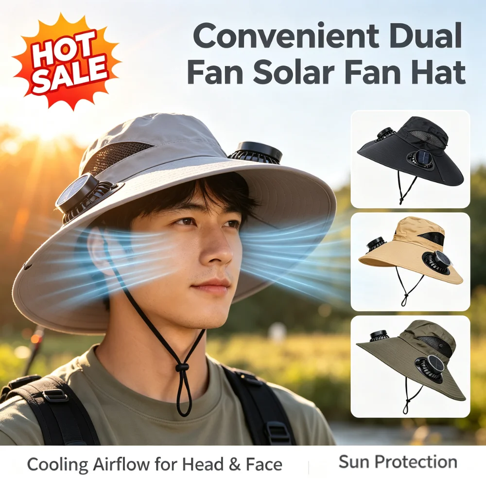 Dual Fan Solar Hat Wide Brim 3 Speed Breathable Cooling Cap 55-59cm for Fishing Hiking Gardening Outdoor Summer Use