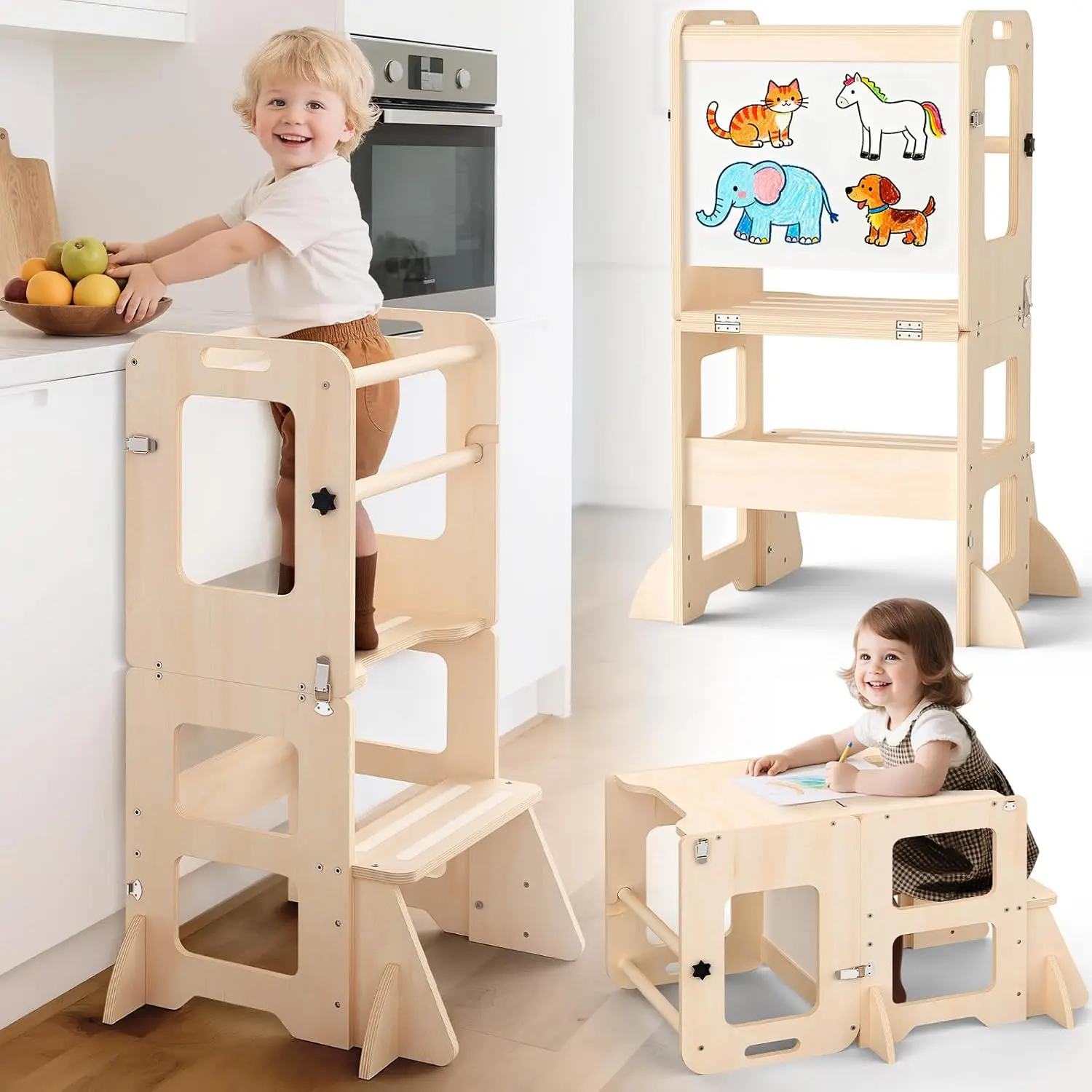 Foldable 4-in-1 Toddler Kitchen Step Stool with Whiteboard, Wooden Helper for Kids Ages 1-3, Safe Learning Tower