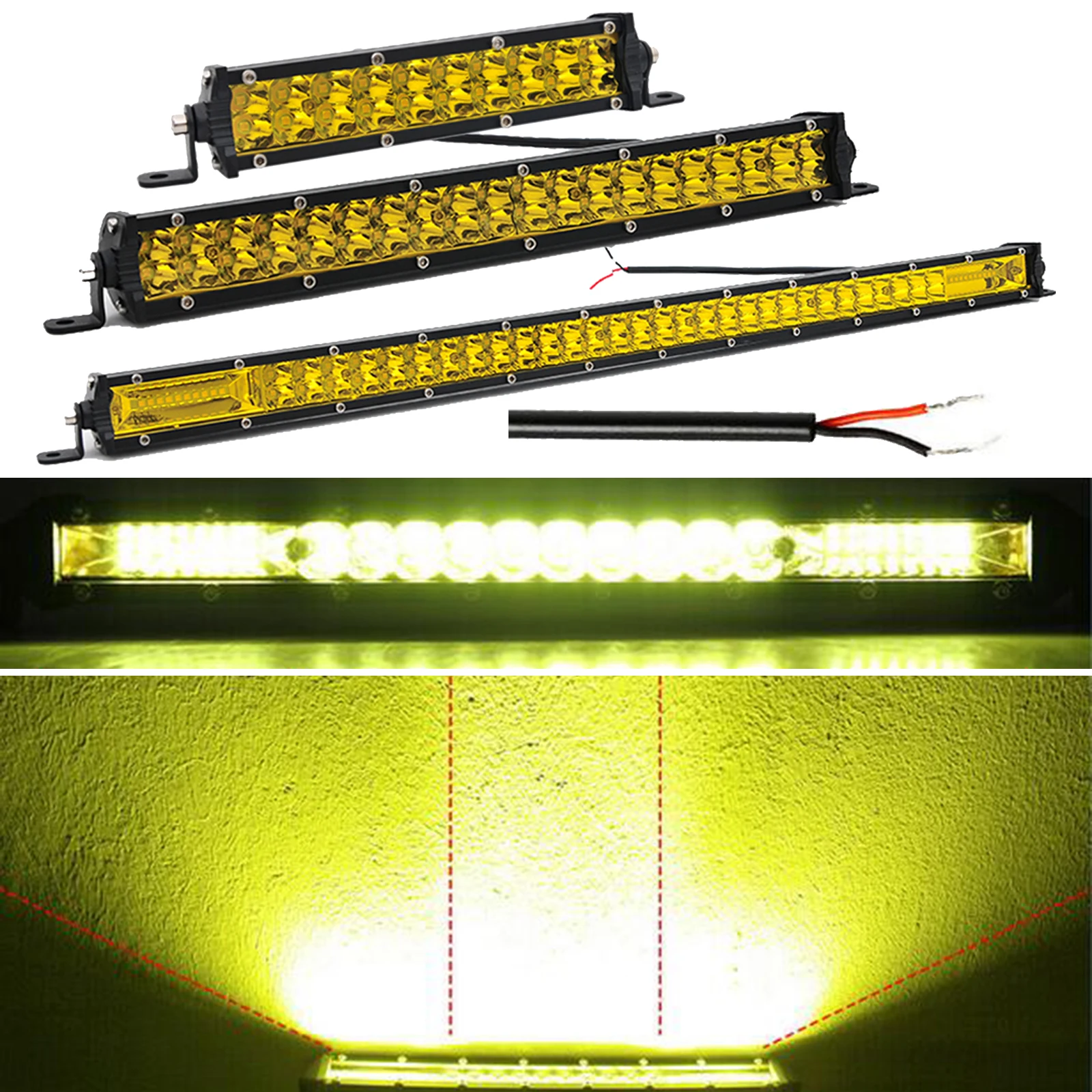 Super Bright Yellow LED Light Bar 7 13 20 25 32 38 45 50 inch Dual Row Slim Off-road Working Fog Driving Lamp for Car ATV Trucks