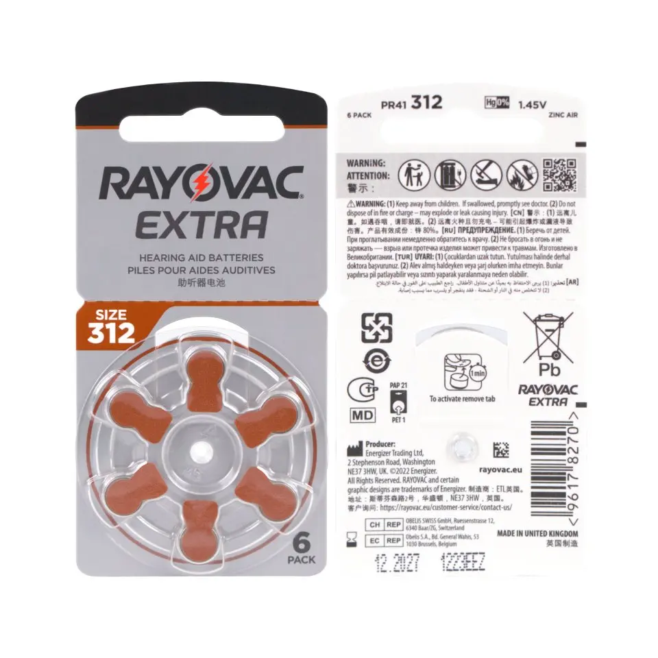 60 PCS Rayovac Extra Zinc Air Hearing Aid Batteries A312 312A ZA312 312 PR41 S312 Battery